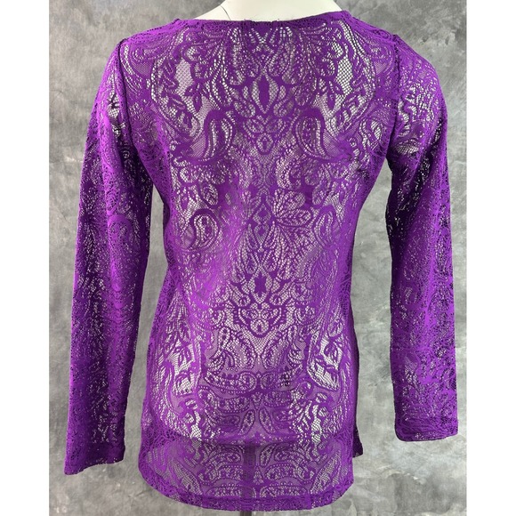 Susan Graver Purple Lace See Through L/S Crew Neck Top sz XXS (15781) - Picture 4 of 5